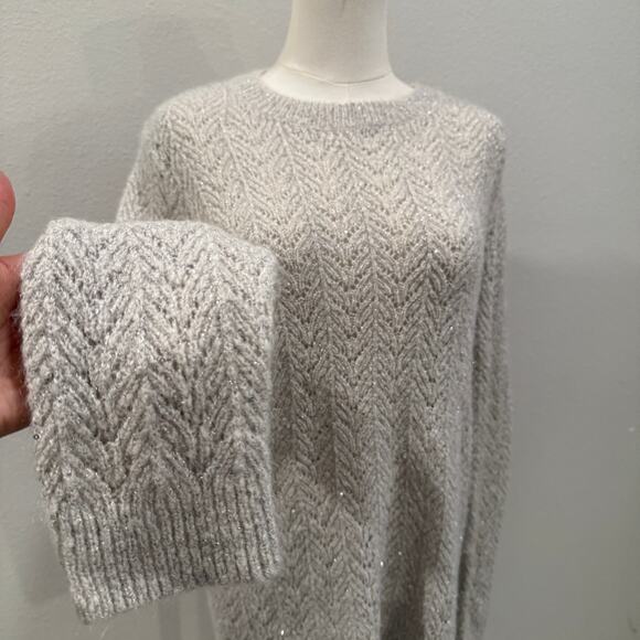 Talbots Metallic Sequin Knit Sweater Beige Chevron Textured Women Medium Holiday - Picture 4 of 9
